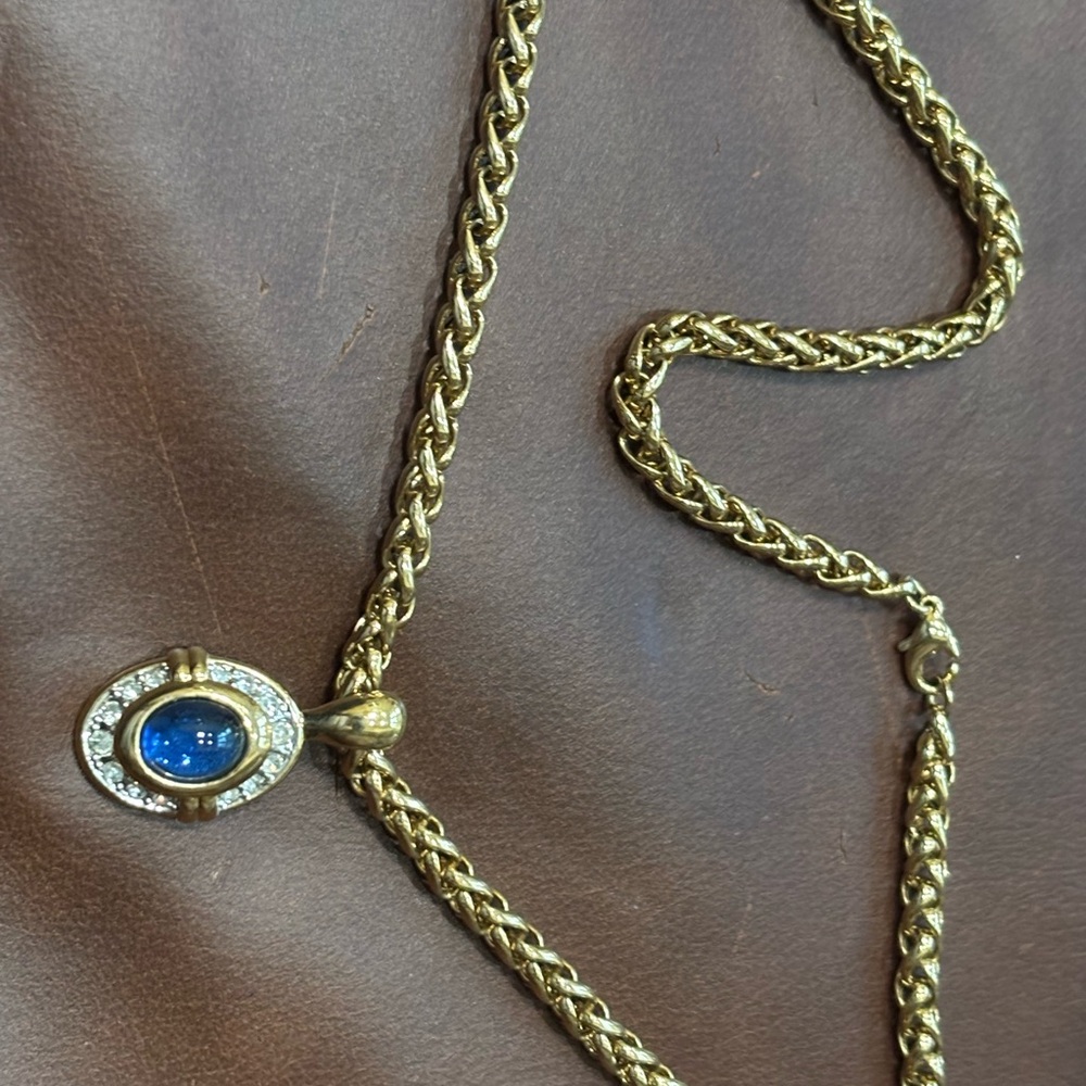 New Vintage Blue Glass Cabochon Gold Plated Necklace